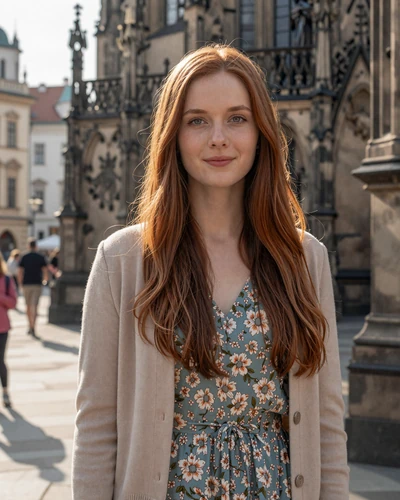 Tereza, 25-year-old Czech woman from Olomouc with auburn hair near the Holy Trinity Column