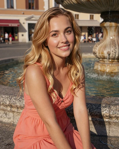 Vivien, 25-year-old Hungarian woman from Szeged with honey blonde hair in a coral dress by a fountain