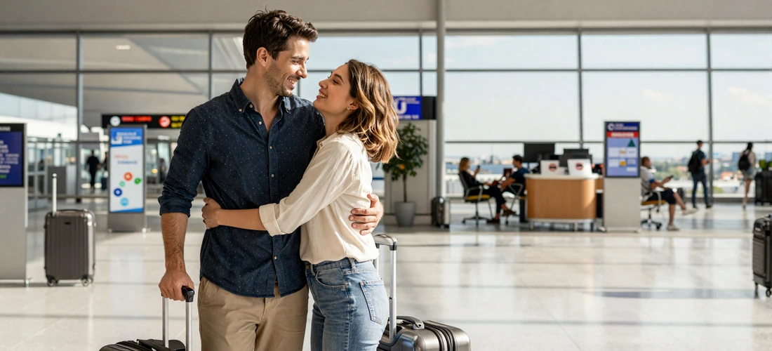Happy American man reuniting with his Slavic fiancée at the airport arrivals gate