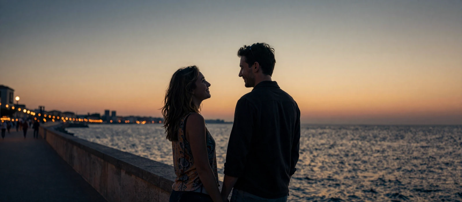 Happy American-Slavic couple at sunset on a European promenade