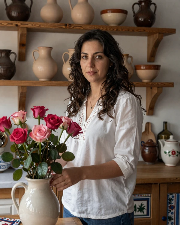 Bulgarian woman arranging fresh roses in a ceramic vase in a traditional kitchen with clay pottery