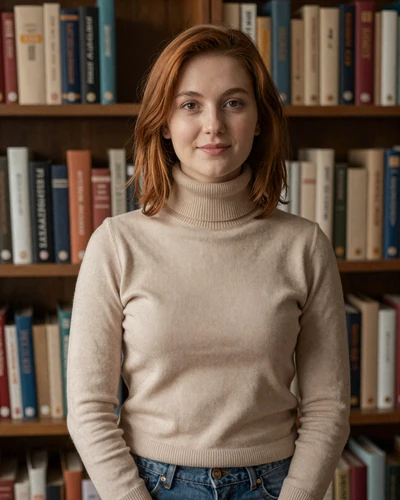 Mihaela, 25-year-old Bulgarian woman from Stara Zagora with auburn hair in a cozy library setting