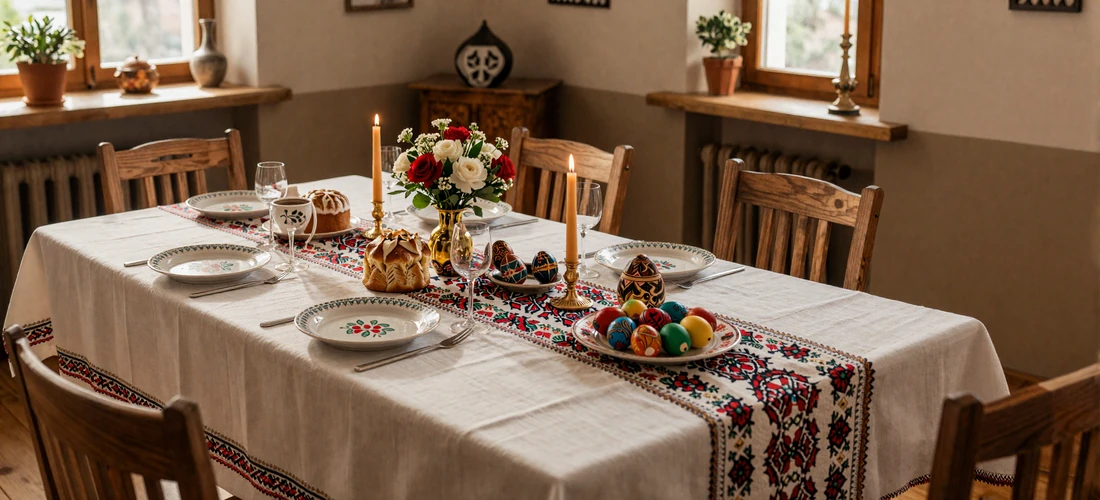 Traditional Slavic holiday dinner table with embroidered cloth, candles, bread, and colorful dishes set for a family celebration