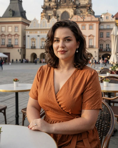 Barbora, 33-year-old Czech woman from Plzeň with dark brown hair at an outdoor cafe near Republic Square