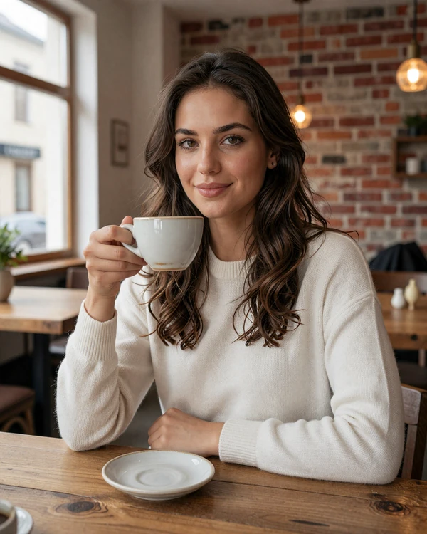 Romanian woman enjoying coffee at a cozy Bucharest cafe with warm natural lighting