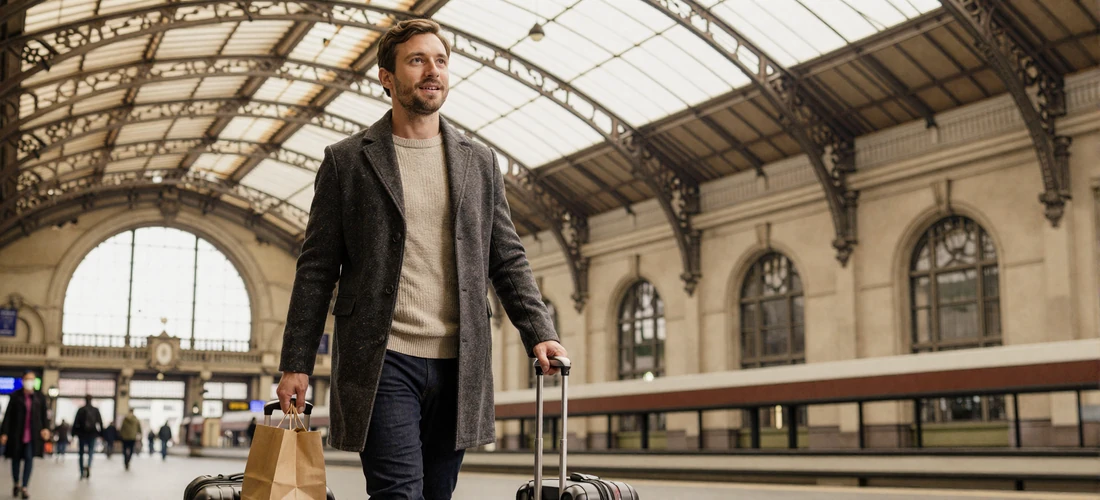 American man arriving at a grand Eastern European train station ready to meet his Slavic girlfriend for the first time