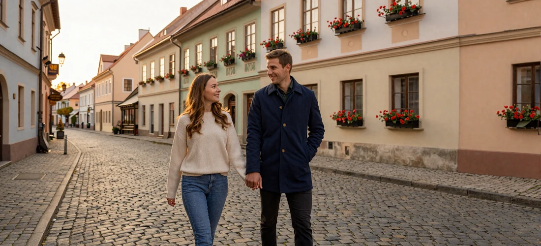 American man and Slavic woman walking together through a charming Eastern European city at golden hour