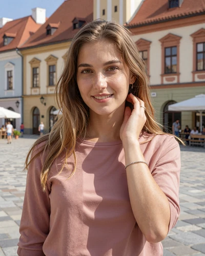 Adéla, 28-year-old Czech woman from České Budějovice with light brown hair in a sunny Renaissance town square