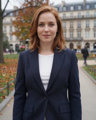 Nora, 31-year-old Hungarian woman from Debrecen with auburn hair in a navy blazer in an autumn park