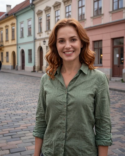 Yuliia, 31-year-old Ukrainian woman from Lviv with auburn hair on a Lviv cobblestone street