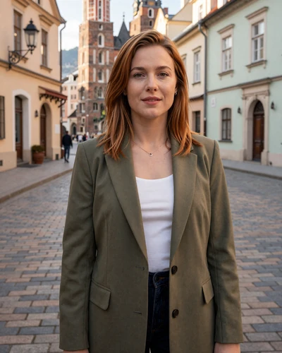 Aleksandra, 30-year-old Polish woman from Kraków with auburn hair on a historic cobblestone street