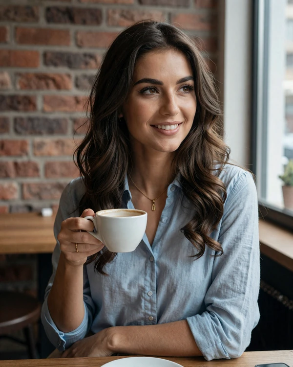 Bulgarian woman enjoying coffee at a cozy European cafe in Sofia with warm natural daylight