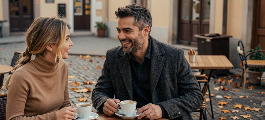 American man and Slavic woman with an age gap enjoying coffee at a European outdoor cafe in autumn
