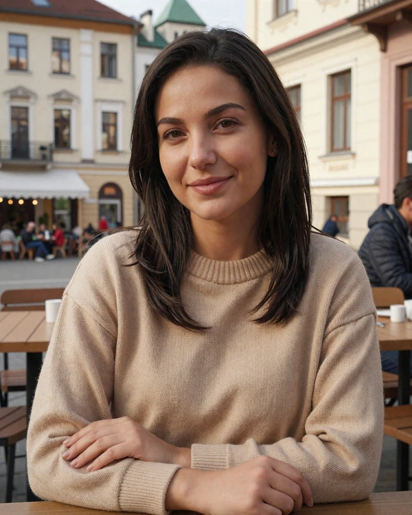 Moldovan woman enjoying coffee at an outdoor cafe in Chișinău with warm natural daylight and European architecture