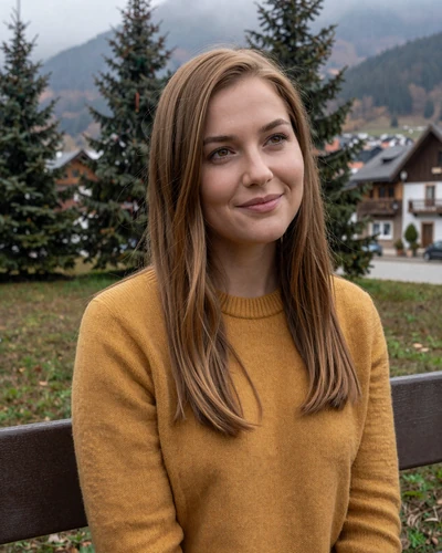 Boglarka, 28-year-old Hungarian woman from Miskolc with chestnut hair in a mustard sweater in a mountain park