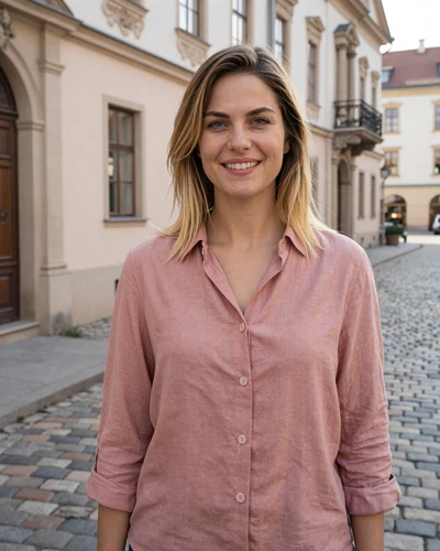 Lilla, 26-year-old Hungarian woman from Győr with dark blonde hair on a Baroque cobblestone street
