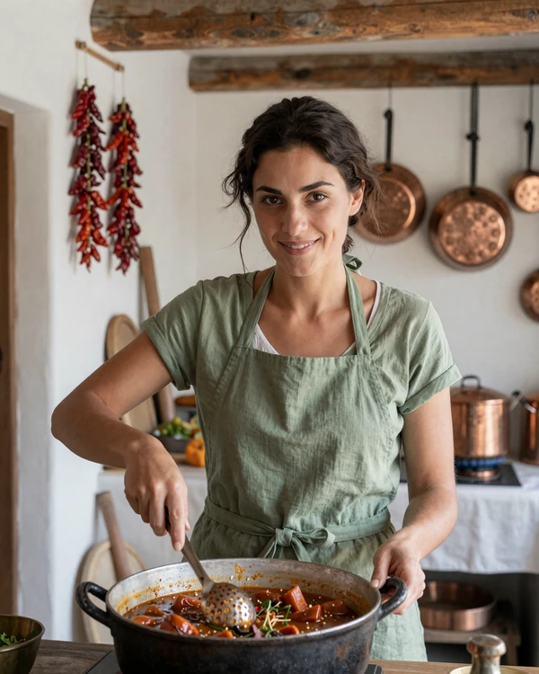 Hungarian woman preparing traditional goulash in a rustic kitchen with paprika strings and copper pots