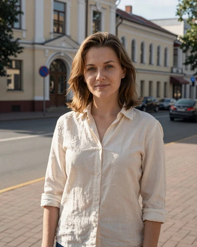 Volha, 29-year-old Belarusian woman from Gomel with chestnut hair on a sunlit pedestrian street